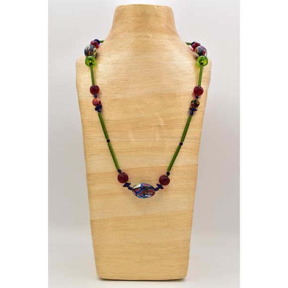 Vintage Venetian Glass Millefiori Frosted Beaded Necklace Made in Italy Bin5